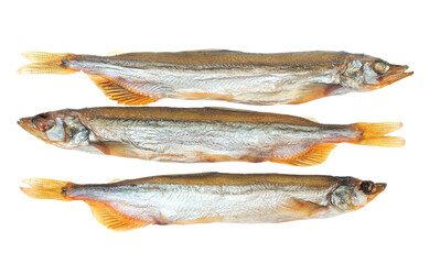 Smoked capelin isolated on white background top view