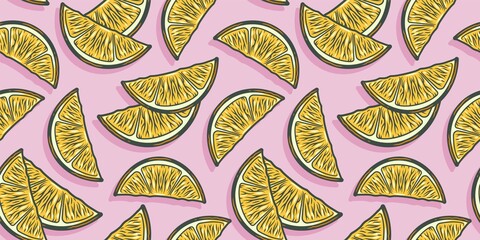 Seamless pattern wallpaper with lime, lemon and orange fruit, juicy fresh summer bar