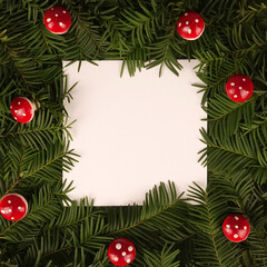 Trendy seasonal conifer Christmas tree green leaves text frame background