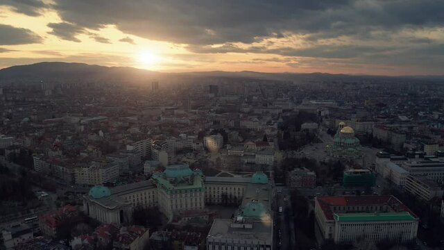 Aerial view of a big city during sunset