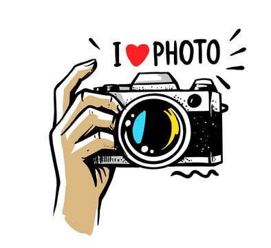 man hand holding camera on white background