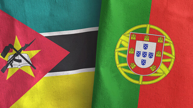 Portugal and Mozambique two flags textile cloth 3D rendering