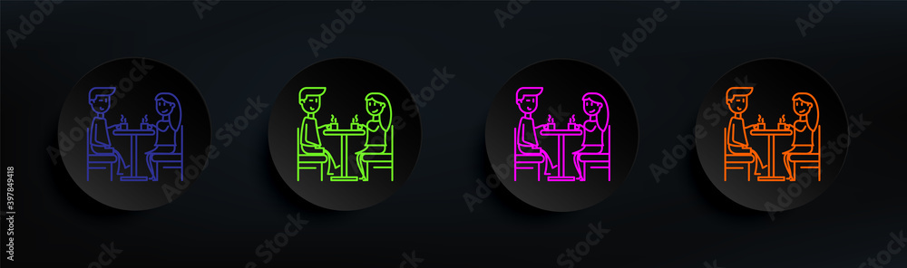 Poster couple with cup of tea dark badge color set. simple thin line, outline vector of friendship icons fo
