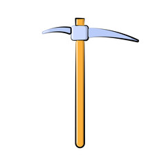 Construction, miner's blue icon of a metal pickaxe with a wooden handle for digging earth, ore, gold mining, and minerals for repair. Construction metalwork tool. illustration