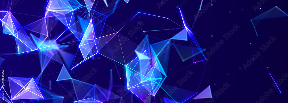 Poster Abstract polygonal space with connecting dots and lines. Dark background. Connection structure. 3d Widescreen