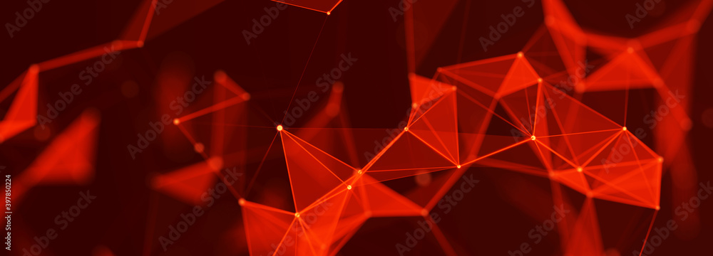 Fototapete Connection of dots and lines structure on dark background. Red abstract polygonal space. 3d Widescreen