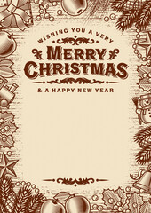 Vintage Merry Christmas Greeting Card With Copy Space Brown