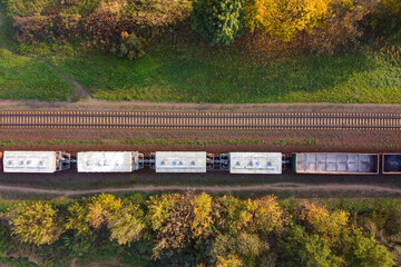 Aerial view of cargo train carriages