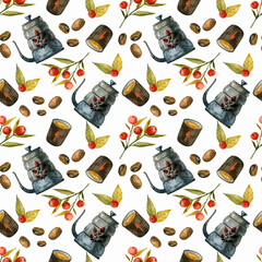 Watercolor seamless patterny coffee elements on white background. Hand  retro coffee grinders, coffee cups, coffee jar,coffee maker. Paris breakfast.