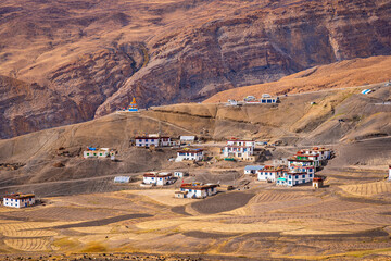 Panoramic view of Langza village in the cold desert valley of Spiti in the Himalayas of Himachal...