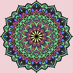 Hand-drawn coloring mandala. Vector illustration isolated on colored background. Cloth design element, yoga logo, henna, tattoo.