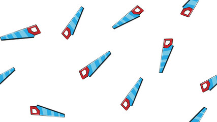 Texture, seamless abstract pattern of building sharp metallic blue and red hand saws with teeth for repair, cutting tool on white background. illustration