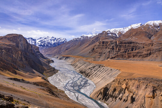 Serene Landscape of Spiti river valley with gully eroded and pinnacle geological weathered landform in cold desert arid region of Trans Himalayas Lahaul and Spiti district of Himachal Pradesh, India.