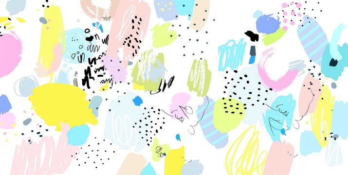 Naive art pattern. Contemporary pattern. Brush, marker, highlight stroke. Bohemian wallpaper. Vector artwork. Memphis 80s, 90s retro style. Child, kid drawing. Pink, blue, green, purple, yellow color