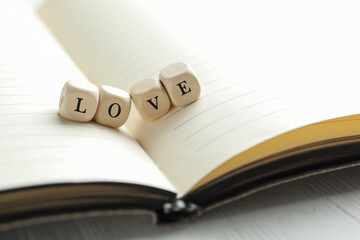 Word Love made with wooden cubes on open notebook, closeup