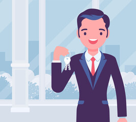 Happy smiling commercial real estate sale broker, male leasing agent. Handsome young man holding house or new apartment keys, brokerage professional service. Vector creative stylized illustration