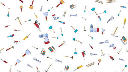 Texture, seamless pattern from a set of construction tools for repair: hammer, shovel, screwdriver, wrench, tester, brush, saw, trolley, trowel, ladder on a white background. illustration