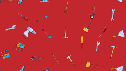 Texture, seamless pattern from a set of construction tools for repair: hammer, shovel, screwdriver, wrench, tester, brush, saw, trolley, trowel, ladder on a red background. illustration