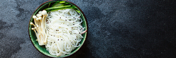 rice noodles vegetables Enoki cellophane pasta Miso Ramen soup funchose pho seafood ready to eat on...