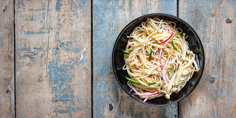rice noodles vegetables Enoki cellophane pasta Miso Ramen soup funchose pho seafood ready to eat on...