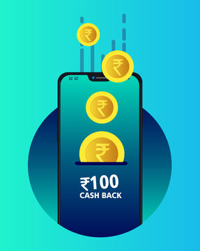 cash back concept with smart phone  with falling Indian rupee coins, 100 rupee cash back vector illustrations