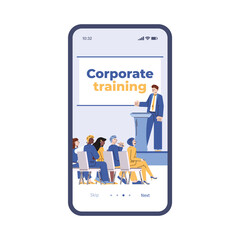 Mobile app interface on phone screen with corporate training for company employees with coach speaker. Business seminar, conference, education for workers. Vector illustration