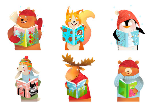 Baby animals for kids reading books and studying, bear moose squirrel hare and teddy characters. Winter Fairy tale cartoons clever animals reading vector illustration.