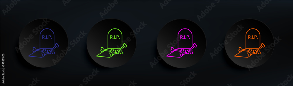 Poster halloween coffin with bones r.i.p. dark badge color set. simple thin line, outline vector of hallowe