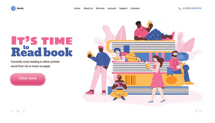 People literature fans or loving read is sitting, standing and lying on stack of huge books and reading. Concept of book festival, bookstore or library. Vector landing page template