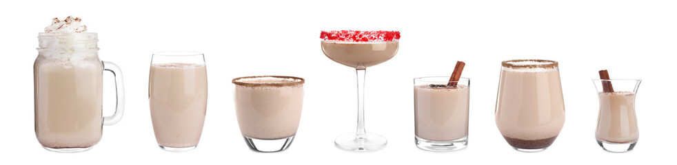 Set of tasty cocktails with liqueur isolated on white. Banner design