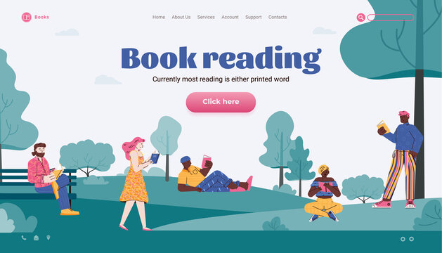 Book reading topic website interface design with cartoon people reading in park, flat vector illustration. Landing web page template for book festival or shop.
