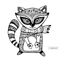 Raccoon isolated. Cute cartoon animal. Funny character. Vector. Black and white. Coloring book pages for children, kids. Zentangle artwork. Illustration, gift greeting card, branding, logo, label