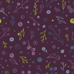 Floral hand drawn vector seamless pattern. Abstract background with branches, berry, plants. Colorful wallpaper in doodles style. Simple botanical design for print, wrap, card, textile, fabric, decor.