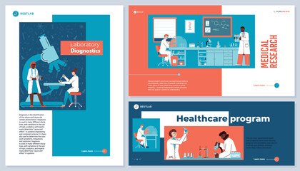 Medical healthcare laboratory researches and diagnosis set of banners, flat cartoon vector illustration. Healthcare program advertising banners or posters bundle.
