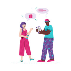 Two friends man and woman cartoon characters sending messages via messenger app, flat vector illustration isolated on white background. People with sms bubbles.