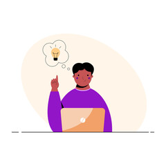 Concept of a great idea. Man with a laptop raised index finger. Modern vector illustration in flat style. Isolated character for web page or advertising.
