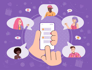 Refer a friend banner concept with human hand sending messages to friends in chat, flat cartoon vector illustration. Referral program of customers recommendation.