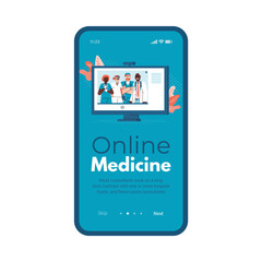 Mobile app interface on phone screen with professional medical people. Concept online medicine, distance support, help and consultation of doctor via internet. Vector illustration.
