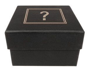 Mysterious cardboard black box closed with question mark secret container
