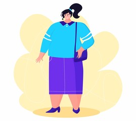 A young obese woman in fashion cloth. A girl wants to get rid of belly fat.