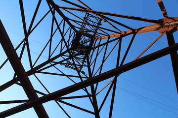 power line. Electricity supply to the population. bottom view