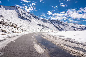 Mesmerizing view en-route to snow covered Rohtang pass on leh Manali highway, Himachal Pradesh, India.