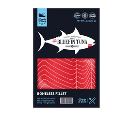 Vector tuna packaging design. Flat style seafood label. Raw tuna fillet in a package isolated on a white background