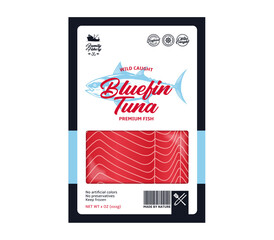 Vector tuna flat style packaging design. Tuna illustration and fish meat texture