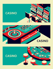 Set of casino banners. Roulette table, slot machine and black jack