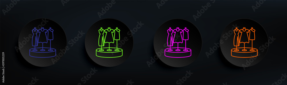 Poster showcase with dresses dark badge color set. simple thin line, outline vector of mall shopping center