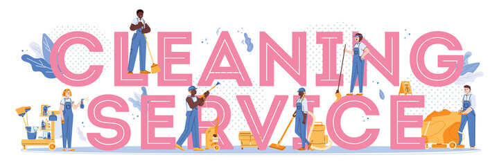 Cleaning service concept with cleaners team in uniform. Janitor staff with professional equipment working together. Vector flat isolated illustration.