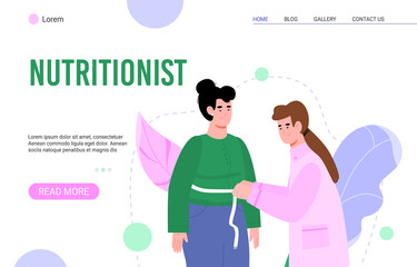 Webpage mockup for nutritionist or dietitian with characters of doctor and patient, cartoon vector illustration. Website or landing page template for nutritionist.