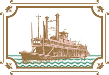 vector image of old steamer misishippi in vintage postcard style - obrazy, fototapety, plakaty