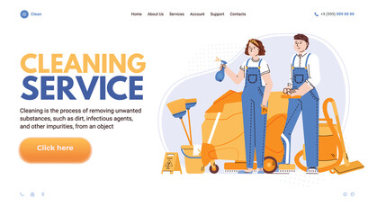Cleaning service web banner mockup with cartoon characters of janitors, flat cartoon vector illustration. Website of cleaning company with employees and equipment.